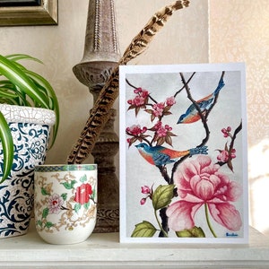 Chinoiserie Floral Greeting Card/Pink Peony Cherry Blossoms and Blue Birds Blank Art Card/Original Artwork/Luxury birthday Card/Mothers Day