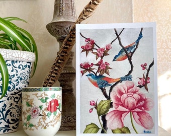 Carte de voeux florale chinoiserie/carte d'art vierge pivoine rose fleurs de cerisier et oiseaux bleus/oeuvre d'art originale/carte d'anniversaire de luxe/fête des mères