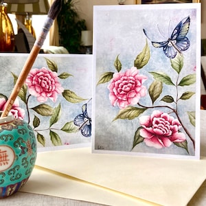 Chinoiserie Floral Greeting Card/Pink Peony flower and Blue Butterfly Art Card/Original chinoiserie artwork/Luxury Mother's Day Card