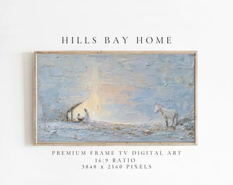 May include: A framed digital art print with a religious theme. The artwork depicts a nativity scene with a donkey and figures in a stable, rendered in soft blues and yellows. The text "HILLS BAY HOME" is at the top, with technical details at the bottom.