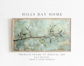 オリーブの枝の絵画 | オリーブの木の植物アート | 落ち着いた色彩
