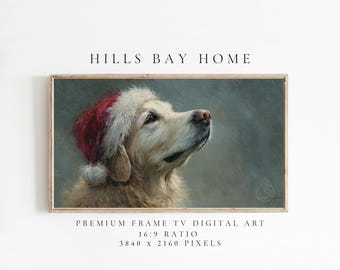 May include: A framed digital art print featuring a golden retriever wearing a red and white Santa hat. The dog is looking upwards with a soft, neutral background. The text "HILLS BAY HOME" is at the top.