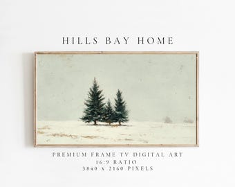 May include: A framed digital art print featuring a winter landscape with three evergreen trees in a snowy field. The artwork has a muted color palette and is labeled "HILLS BAY HOME". The print is 3840 x 2160 pixels with a 16:9 ratio.