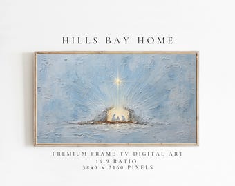 May include: A framed digital art print with a nativity scene. The artwork features a bright star shining over a stable, rendered in shades of blue and gold. The text "HILLS BAY HOME" is at the top, with technical details at the bottom.