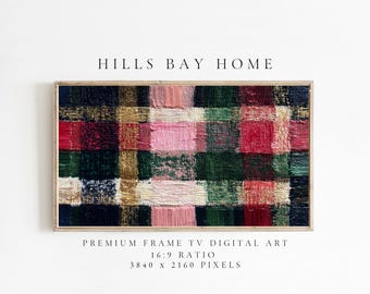 Puede incluir: Una impresión de arte digital enmarcada con un colorido diseño de cuadros abstractos. La obra presenta una mezcla de cuadrados rojos, rosas, verdes, dorados y azul marino. El texto "HILLS BAY HOME" está en la parte superior, con "PREMIUM FRAME TV DIGITAL ART" y las dimensiones debajo.