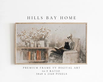 Cozy Skeleton Frame Tv Art, Digital Art for Frame Tv, Fall Tv Art, Halloween Tv Art, Painting Frame Tv Art, Spooky Tv Art, Black Cat Tv Art