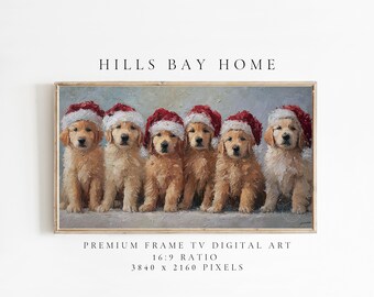 May include: A framed digital art print featuring six golden retriever puppies wearing Santa hats. The artwork has a painterly style with soft colors and textures. The text "HILLS BAY HOME" is at the top.