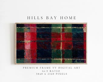 Puede incluir: Impresión digital enmarcada con un patrón de cuadros en tonos rojos, verdes y azul marino. La obra de arte está etiquetada como "Hills Bay Home" e incluye texto que indica que es arte digital de TV con marco premium con una relación de 16:9 y 3840 x 2160 píxeles.