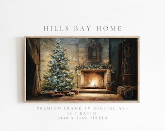 May include: A framed digital art print featuring a Christmas scene. The artwork depicts a decorated Christmas tree, a fireplace with a burning fire, and the text "HILLS BAY HOME". The print has a 16:9 ratio and 3840 x 2160 pixels.