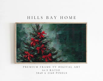 Puede incluir: Impresión artística digital enmarcada que presenta un árbol de Navidad con lazos rojos sobre un fondo verde oscuro. La obra de arte está etiquetada como "HILLS BAY HOME" y especifica una proporción de 16:9 con 3840 x 2160 píxeles.