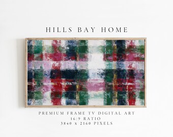 Puede incluir: Una impresión artística digital enmarcada con un diseño abstracto. La obra de arte presenta un patrón de cuadros con pinceladas rojas, verdes, rosas y blancas. El texto "HILLS BAY HOME" está en la parte superior y "PREMIUM FRAME TV DIGITAL ART" en la inferior.