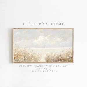 Op de afbeelding: Een digitale kunstprint van een landschap met een kruis in de verte. De lucht is zachtblauw met witte wolken. De grond is bedekt met hoog gras en wilde bloemen. De print heeft de titel "Hills Bay Home" en is verkrijgbaar in een 16:9-verhouding met 3840 x 2160 pixels.