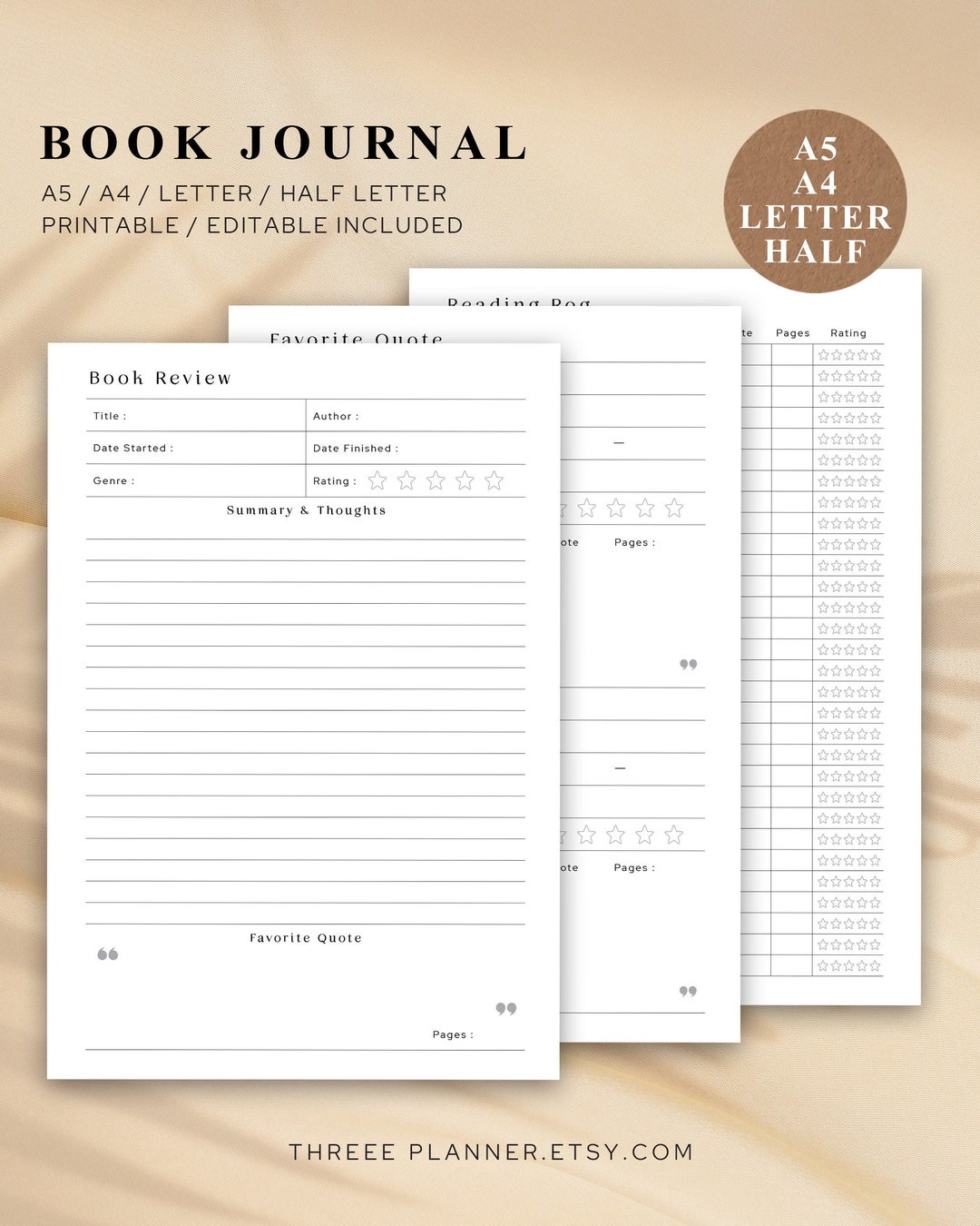 Reading Journal Template, Editable PDF, A4,a5,letter, Hafl Letter Size ...