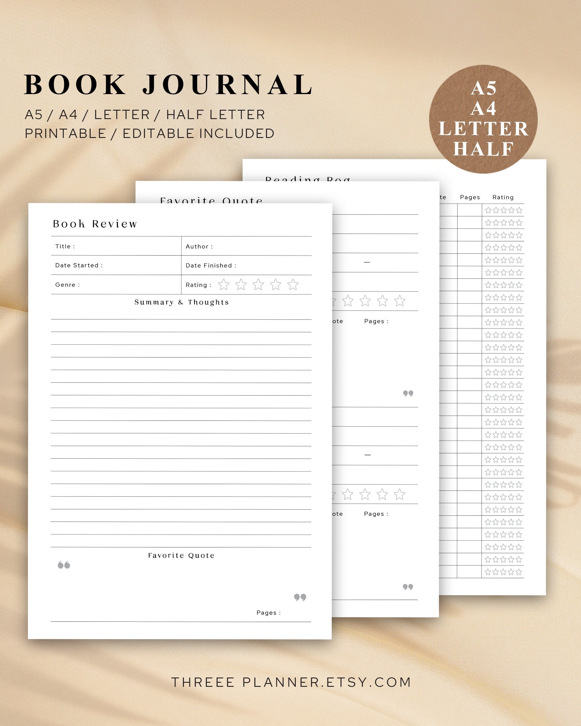 Reading Journal Template, Editable PDF, A4,a5,letter, Hafl Letter Size Reading Journal Template, Editable PDF, A4,a5,letter, Hafl Letter Size