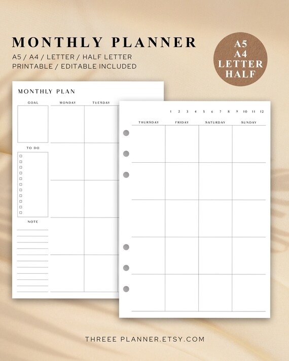 Monthly Planner Printable Planner Editable PDF A5 A4 | Etsy