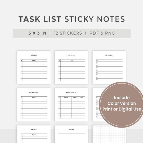 Sticky Notes Task List Template 12 Stickers L Printable 3x3 Etsy