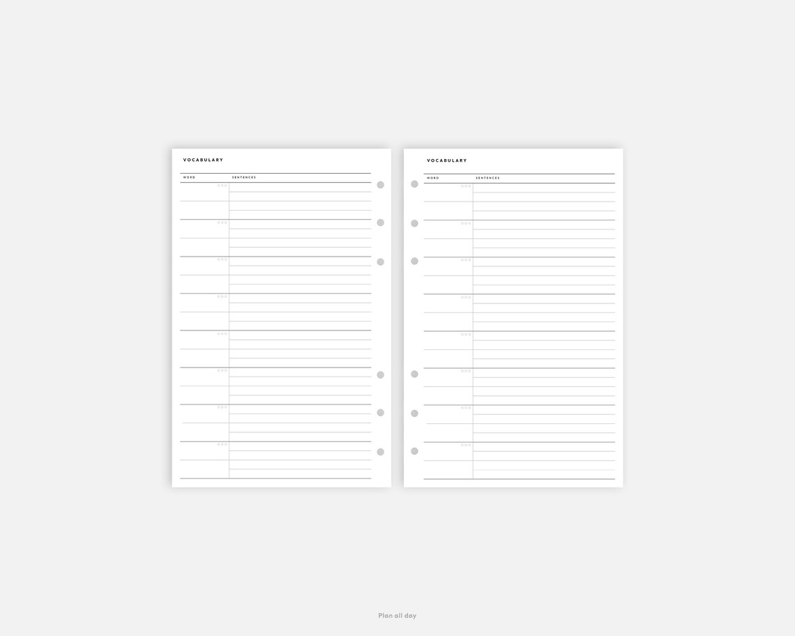 Halfletter Inserts Vocabulary List Printable L Minimal Etsy