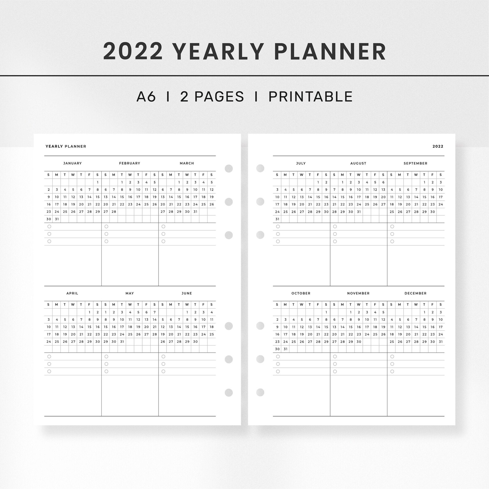 Jahreskalender 2022 Printable A6 2 Seiten l