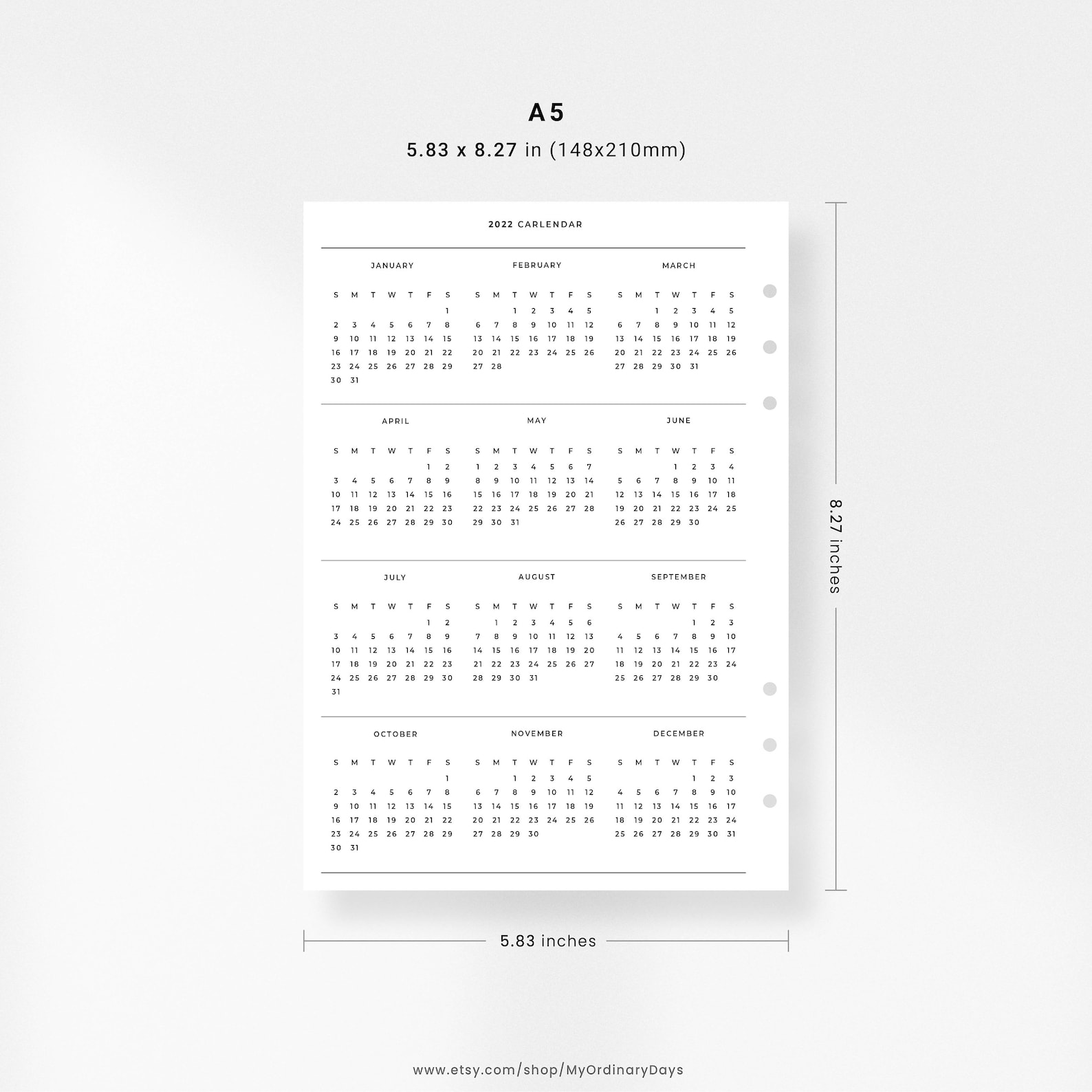 2022 2023 Calendar Printable A5 Insert 2 Pages l Printable | Etsy