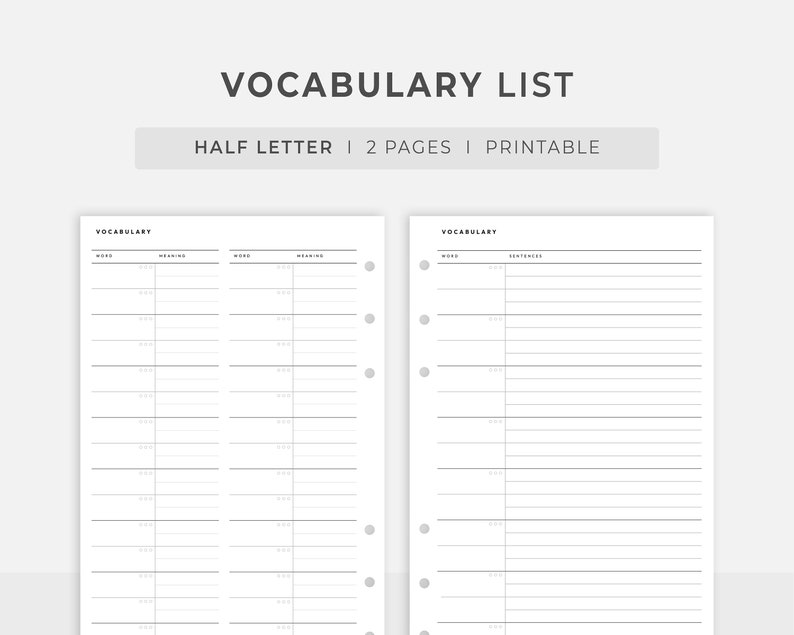 Halfletter Inserts Vocabulary List Printable L Minimal Etsy