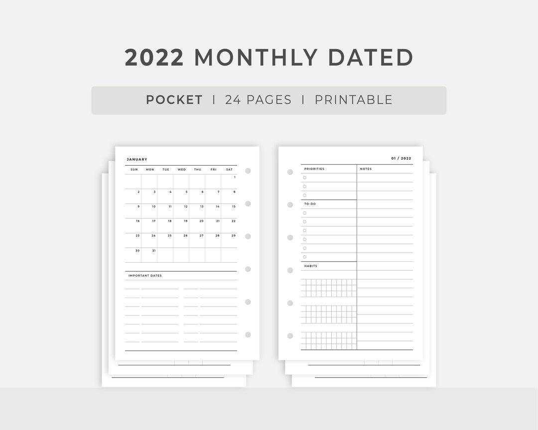 Pocket Inserts 2022 Monthly Planner With Important Dates Etsy
