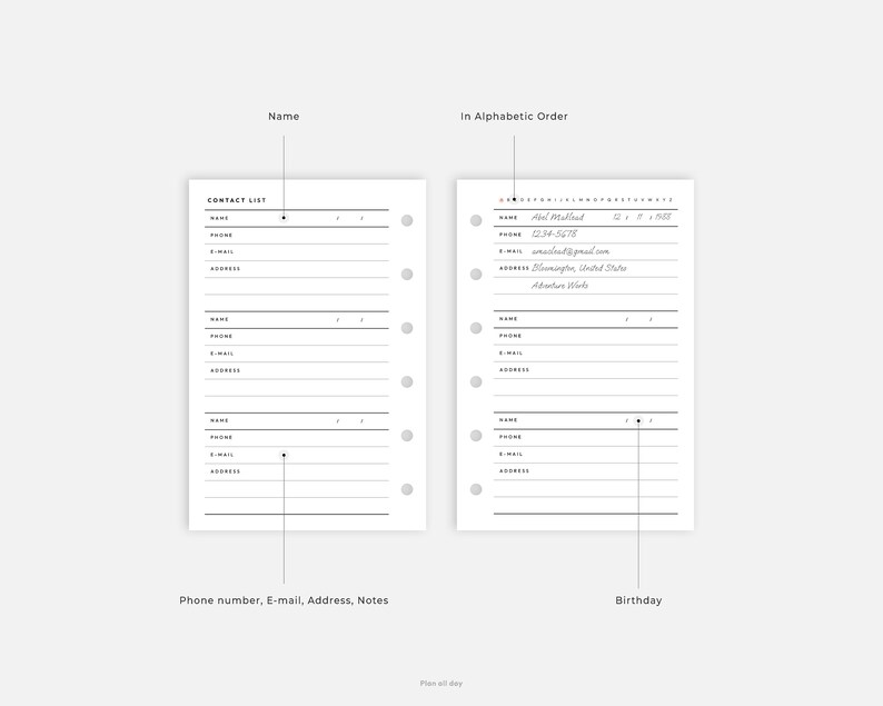 Pocket Inserts Contact List Printable Address Book Minimal Etsy