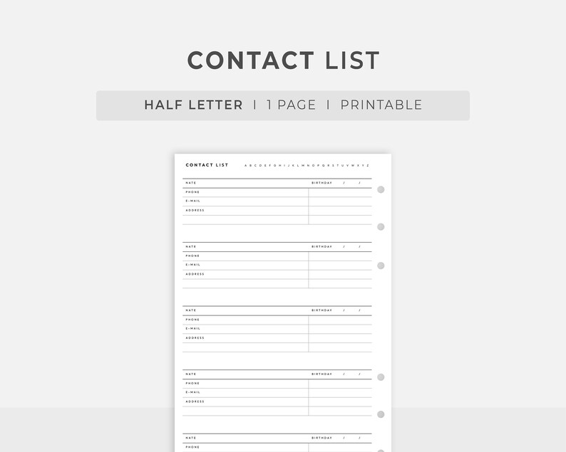 Halfletter Inserts Contact List Printable Address Book Etsy