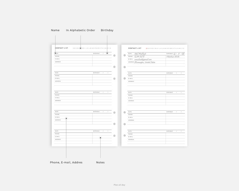Halfletter Inserts Contact List Printable Address Book Etsy
