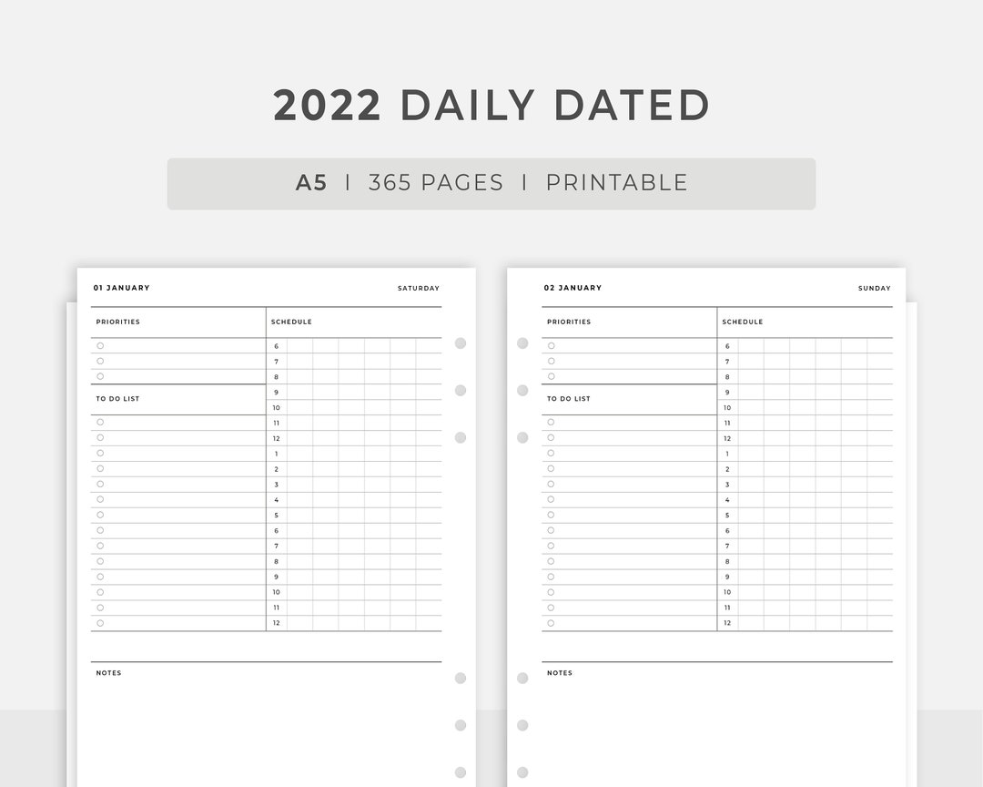 A5 Inserts Daily Planner 2022 Printable I 2022 Dated Bullet Etsy