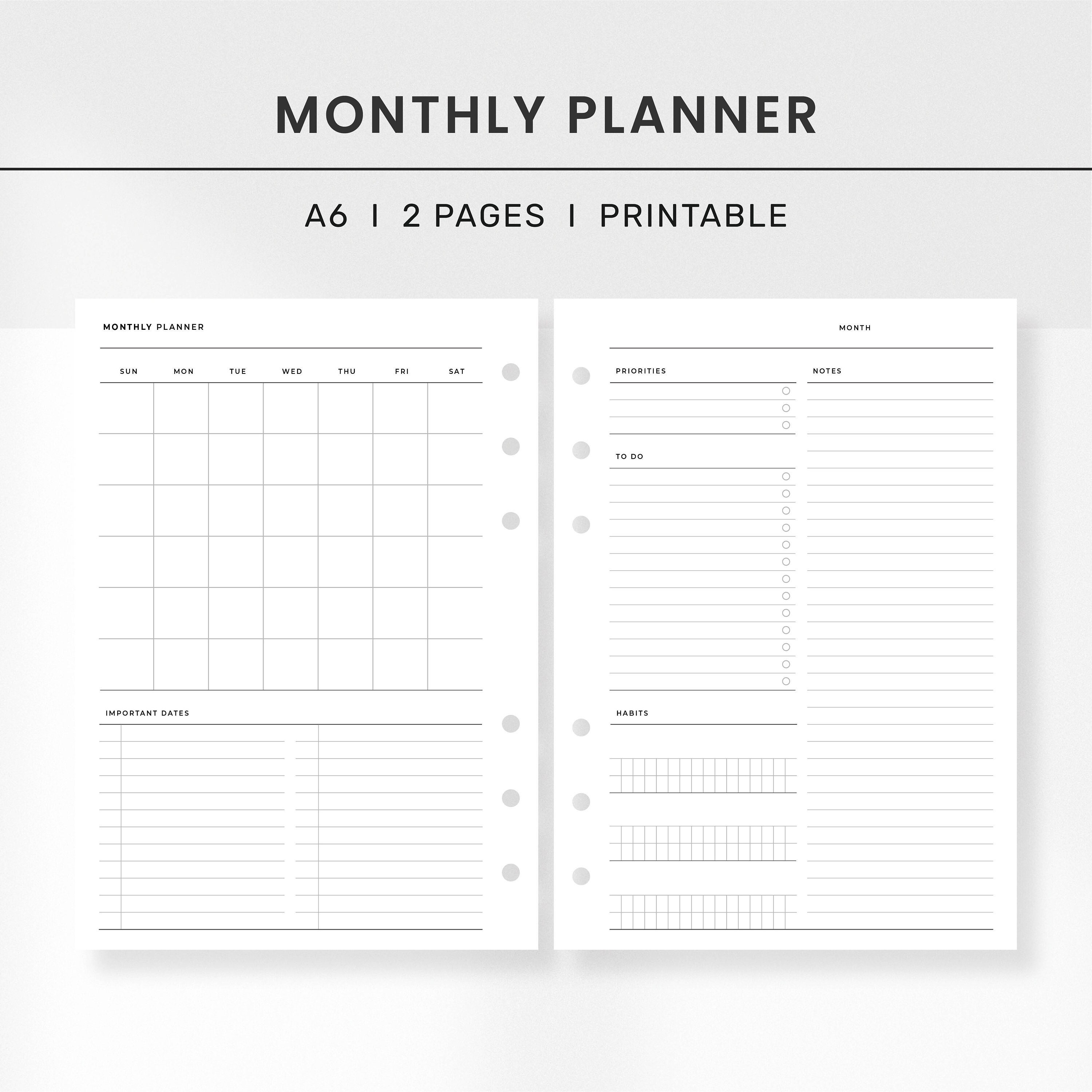 Monthly Calendar With Important Dates Habit Log Printable A6 Etsy