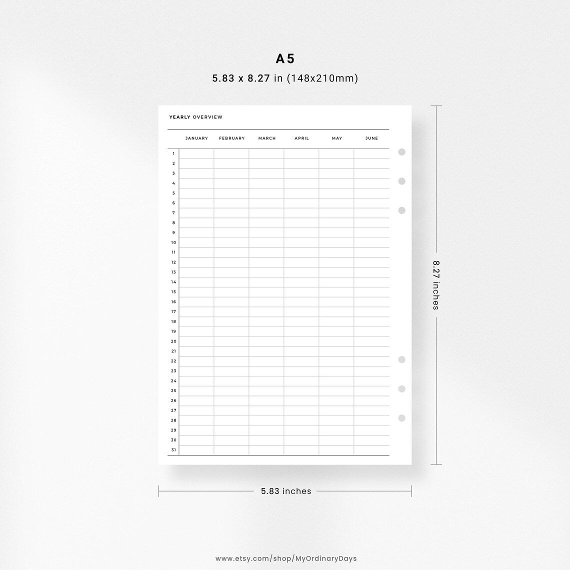 A5 Inserts Yearly Overview Printable L Printable Yearly Etsy