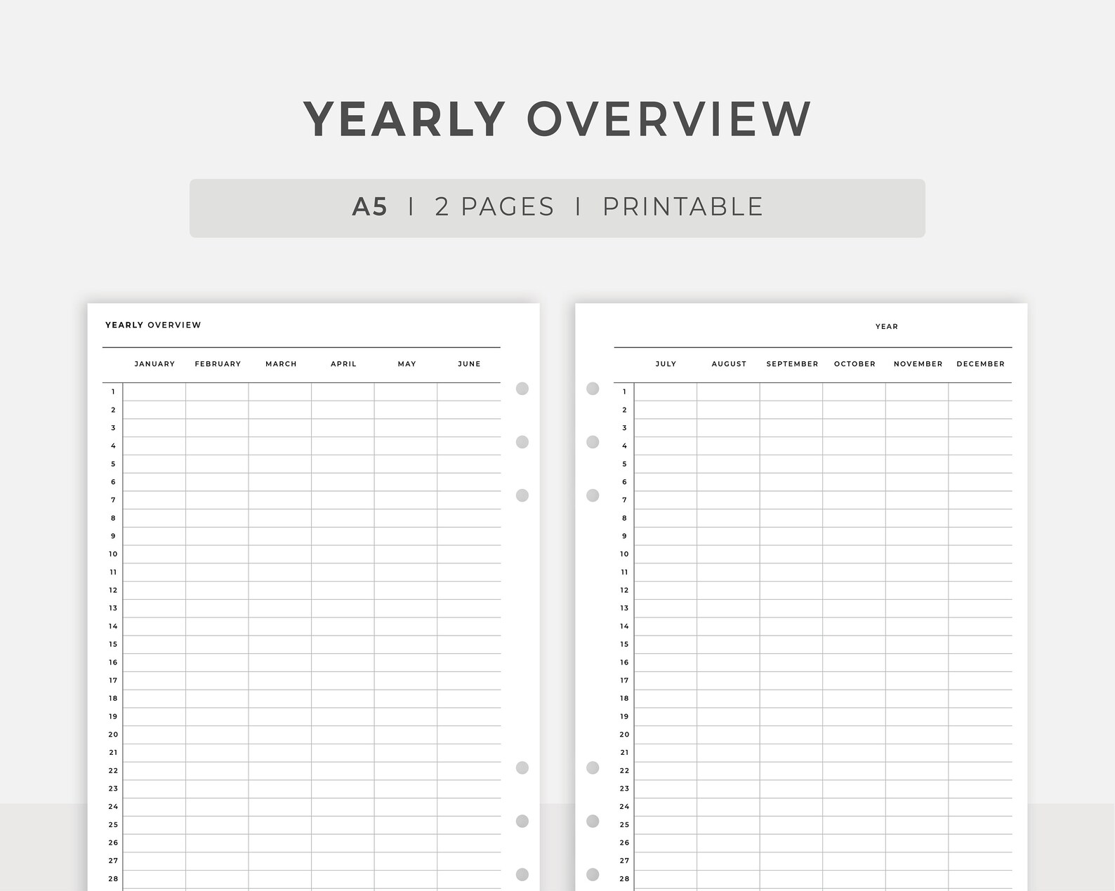 A5 Inserts Yearly Overview Printable L Printable Yearly Etsy