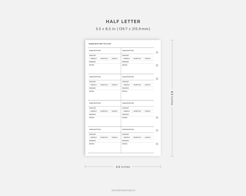 Halfletter Inserts Subscription Tracker Printable Etsy