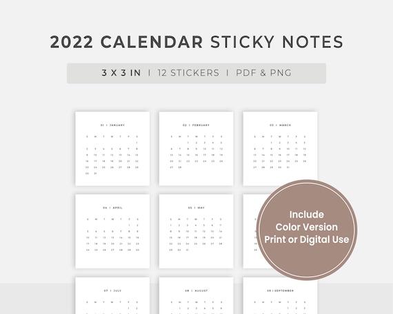 Nebo Calendar 2022 Sticky Notes: 2022 Calendar Printable 12 Stickers L 2022 Year | Etsy Uk