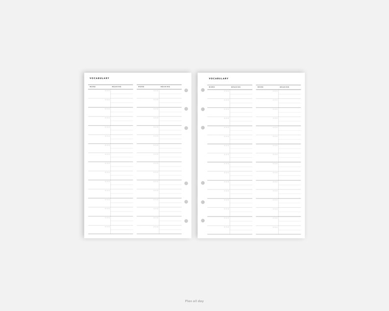 Halfletter Inserts Vocabulary List Printable L Minimal Etsy