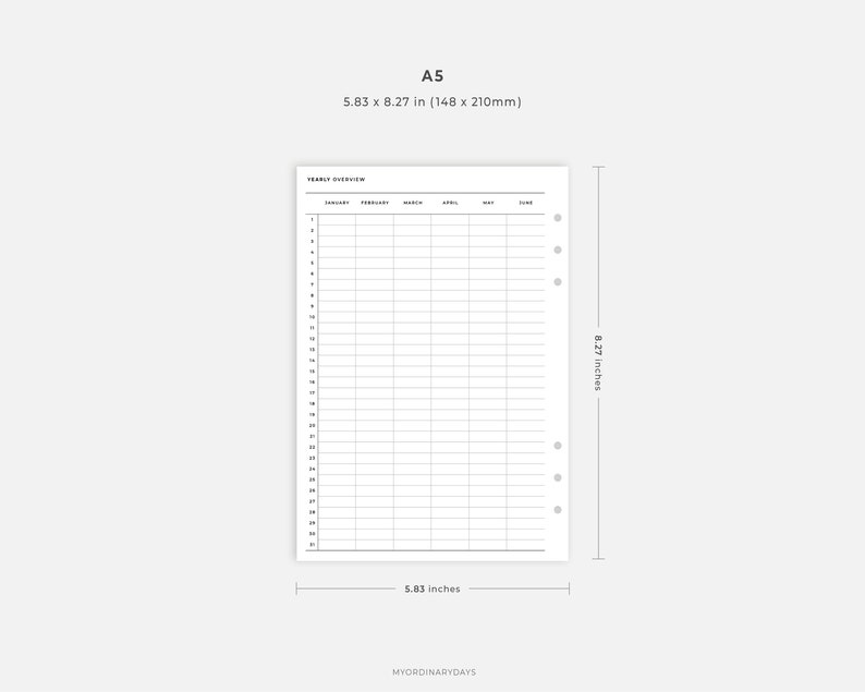 A5 Inserts Yearly Overview Printable L Printable Yearly Etsy