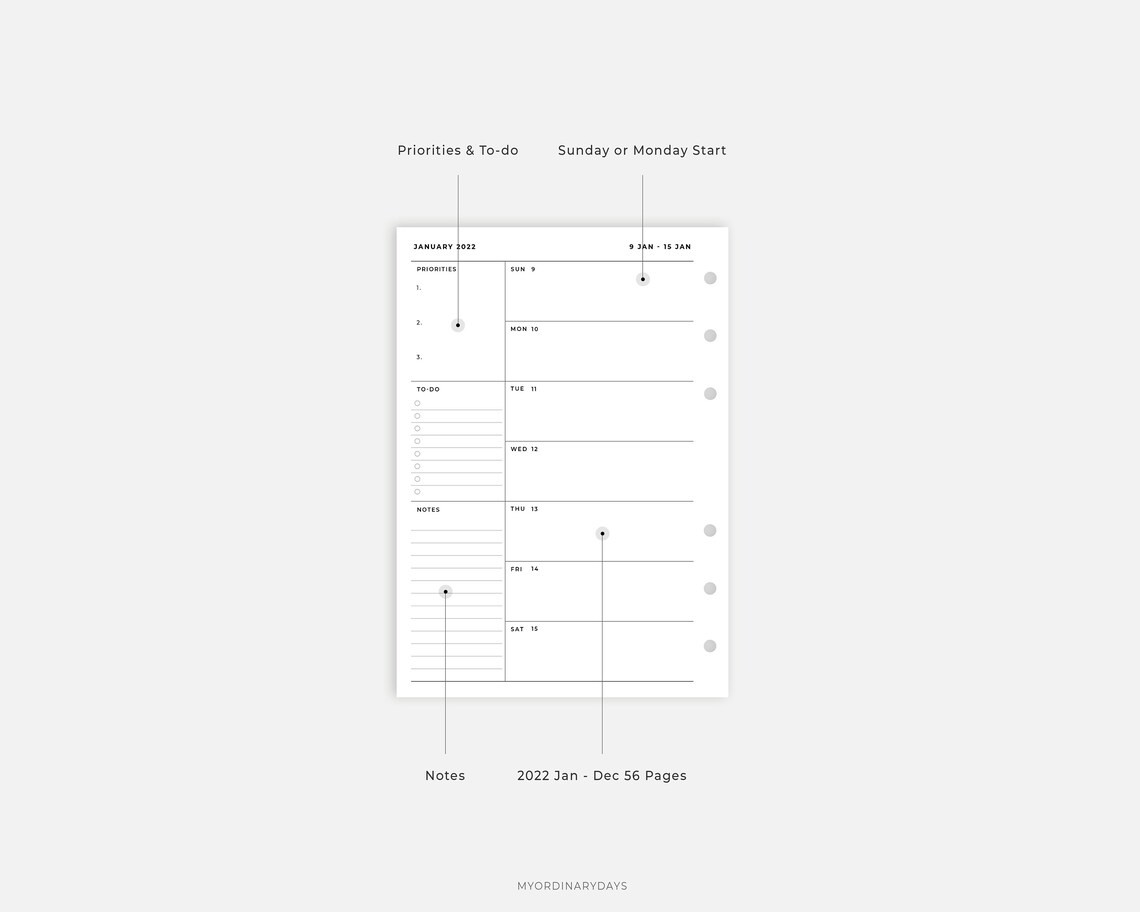 Personalwide Inserts 2022 Weekly Planner One Page Printable Etsy