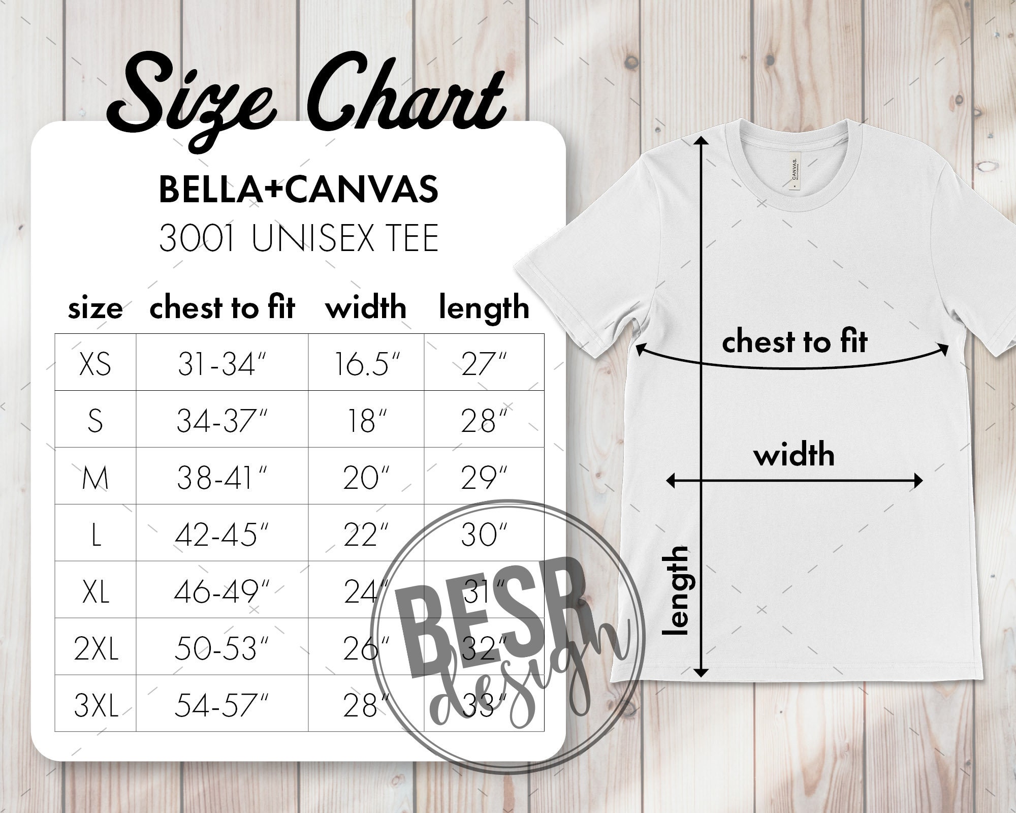 Bella Canvas 3001 Size Chart Bella Canvas Size Chart Size | Etsy