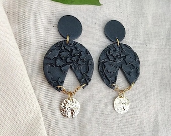 Black Polymer Clay Earrings | Sexy | Embossed | with gold plated element | Unique and Lightweight