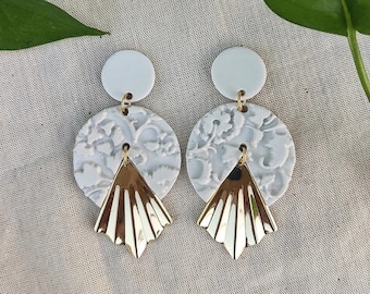 White Polymer Clay Earrings embossed | with gold plated element | Unique and lightweight