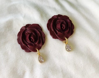 Polymer Clay Earrings | Handmade | Minimalistic | Lightweight | Stylish | Luxurious | Zircon gemstone | Classy | Flower Earrings | Rose