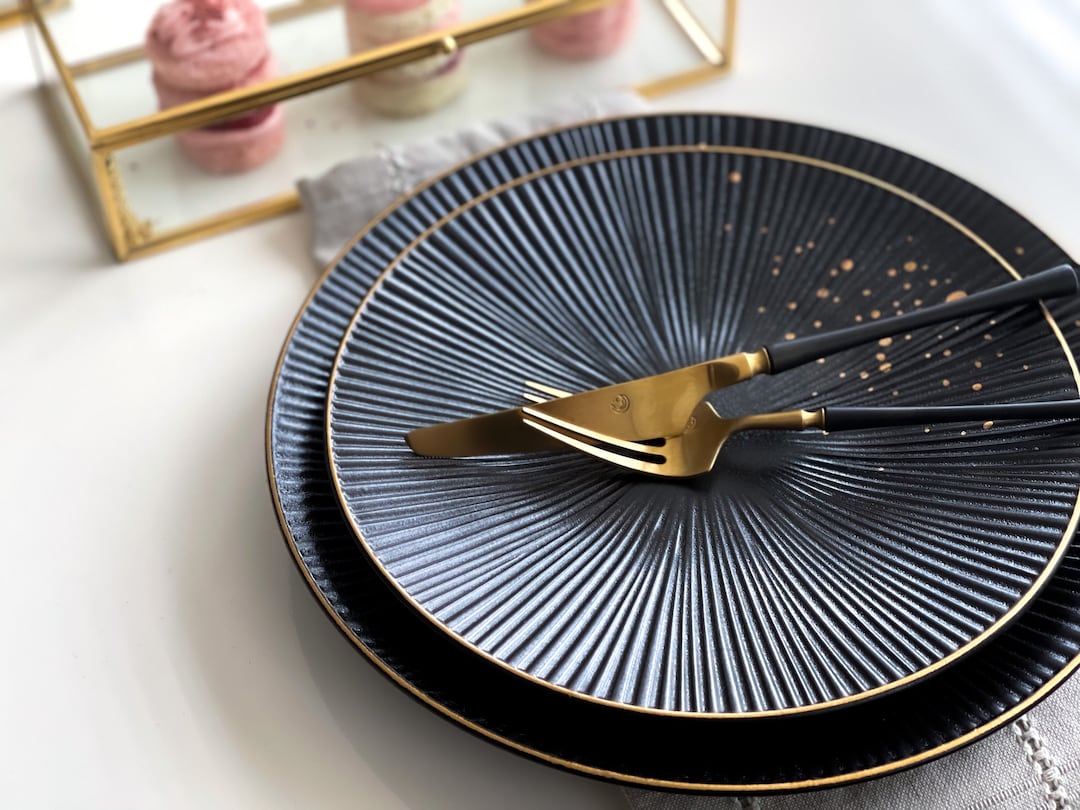 Black & Gold Dinner Plates, Dinner Plates, Black Plates, Black Dinnerware, Dinner Set, Plates