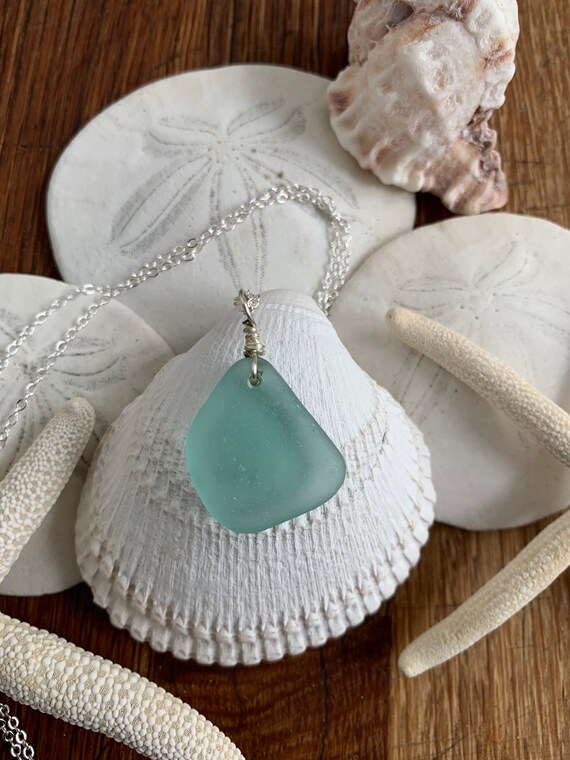 Aqua Sea Glass Pendant Etsy
