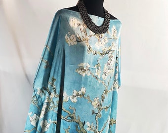 Caftan soyeux à imprimé Van Gogh, fleurs d'amandier