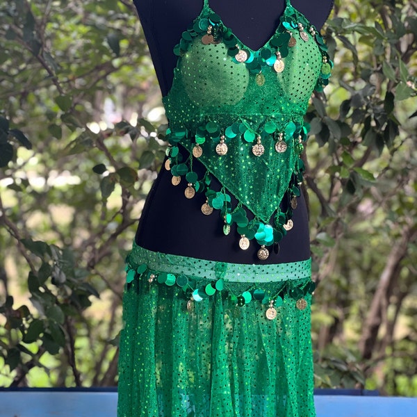 2 pcs Costume Green Sequin Belly Dance Set Bling Tassel Belly Dance Sequined Bra Top Hip Scarf Tassel Salsa Belly Costume Tassels