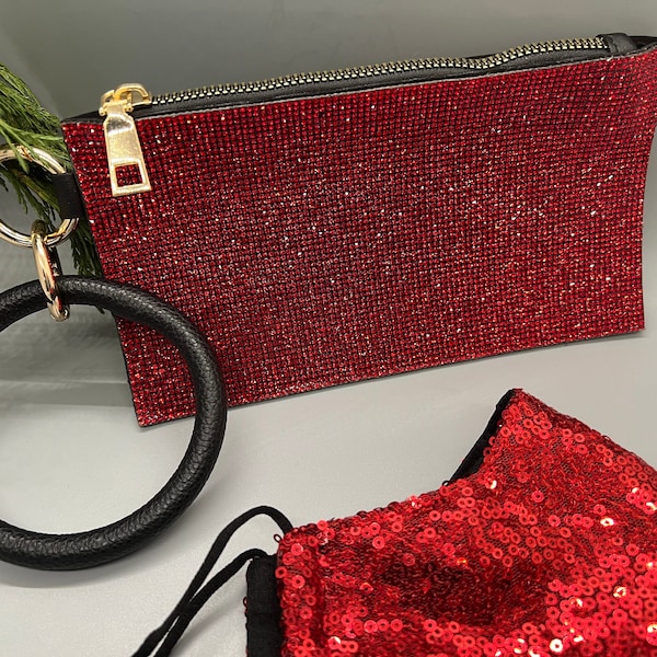 Hot Red Rhinestones Wristlet clutch bag with matching Red Sequin Face mask. Key Ring Bracelet