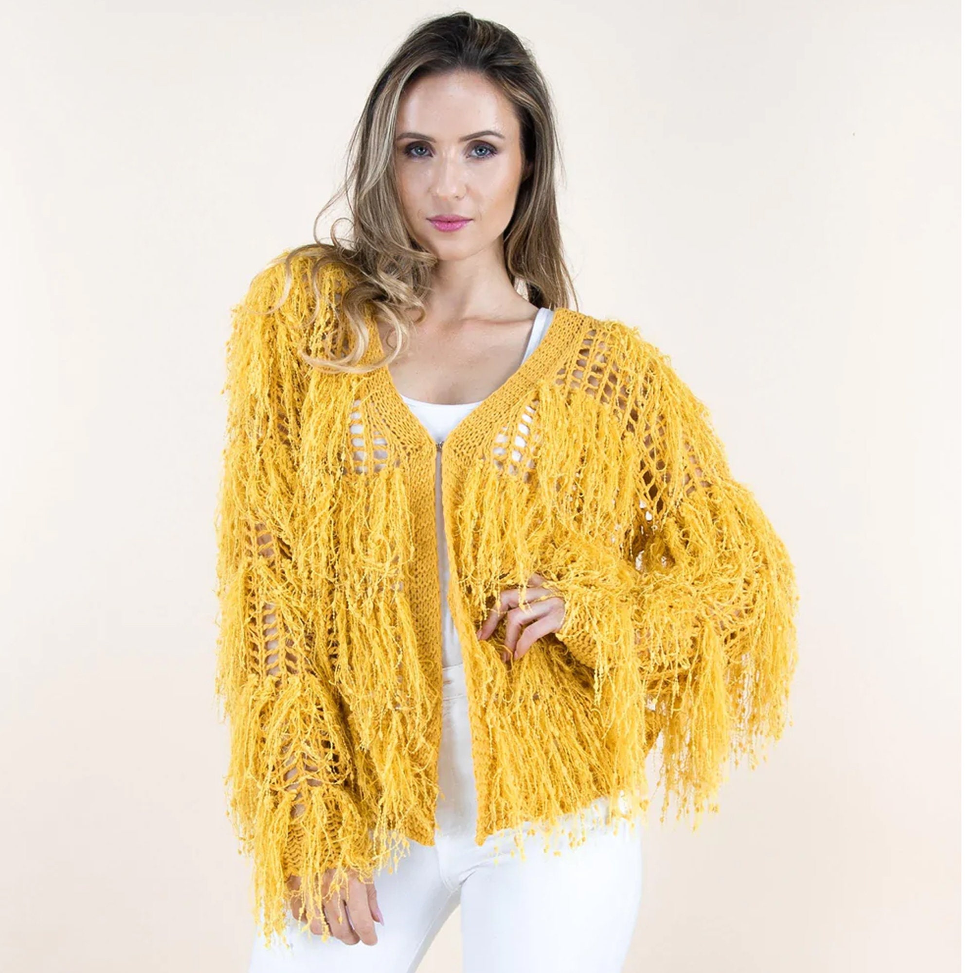 Trendy Yellow Shaggy Cardigan Outer V collar Net Tassel Short