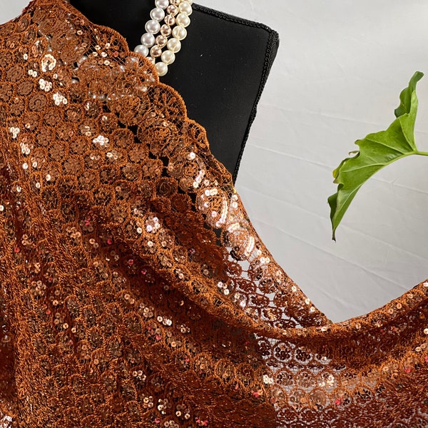 Rust Copper Orange-Brown Sequin Sheer Lace Shawl, Scarf, Wedding Cape Evening Scarf Tassels Shawl