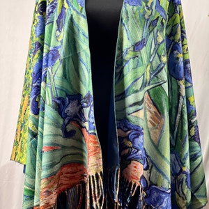 Artful The Irises by Van Gogh Print Ruana Tassel Fringe Details Poncho Ruana Wrap Free Size Ruana Poncho Winter Wrap Soft wool image 3