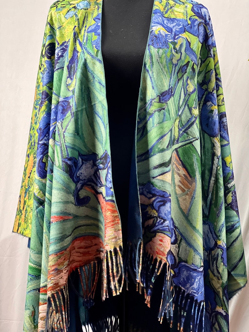 Artful The Irises by Van Gogh Print Ruana Tassel Fringe Details Poncho Ruana Wrap Free Size Ruana Poncho Winter Wrap Soft wool image 3